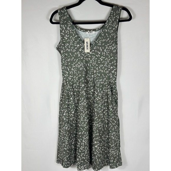 HUHOT Olive Green Leaf Print Sleeveless Midi Dress Pockets Women's Size Medium - Picture 4 of 4